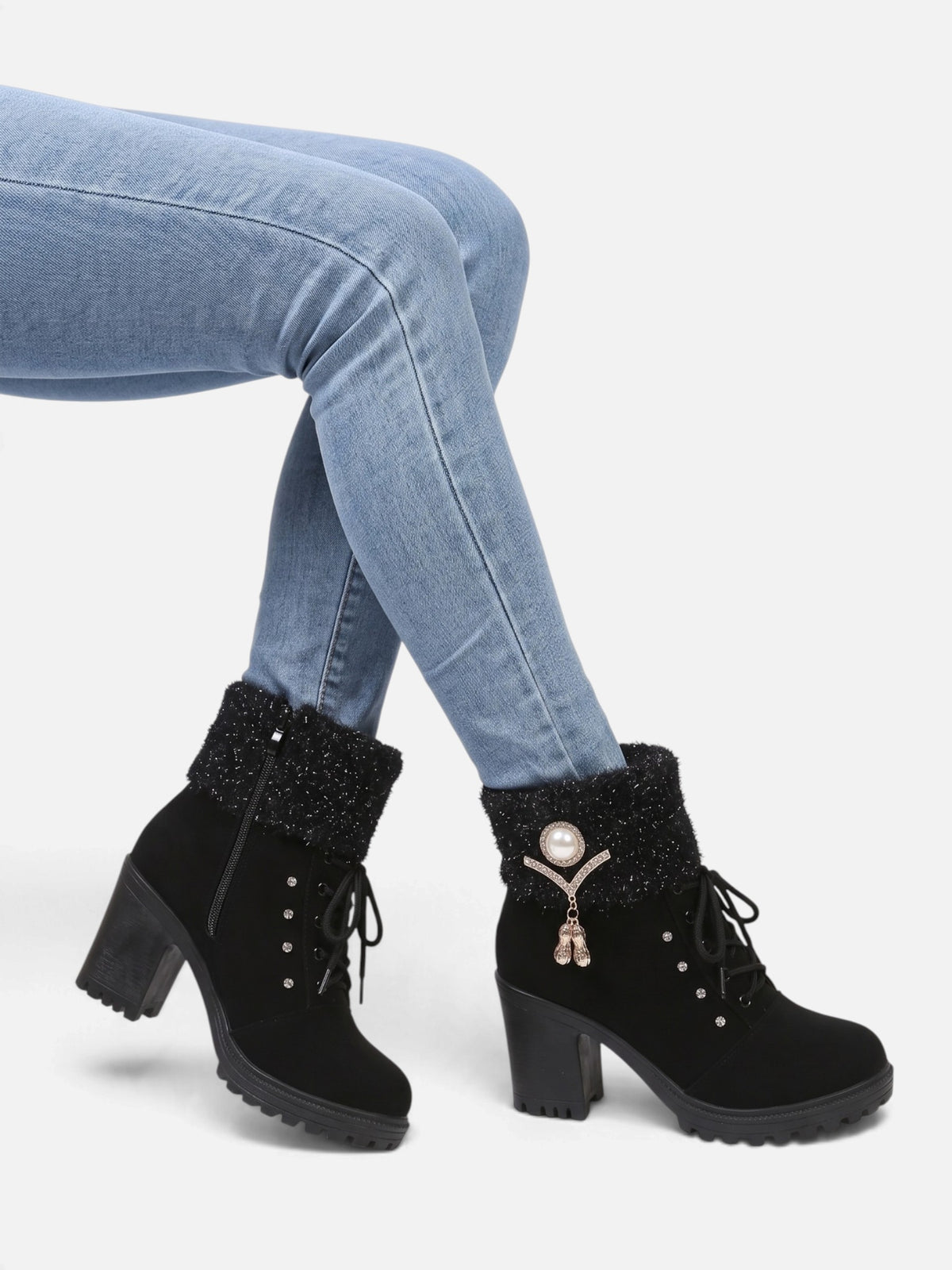 Women’s Diamante Lace Up Block Heel Ankle Boots
