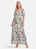 Women's Floral Print V-Neck Short Sleeve Tiered Maxi Dress