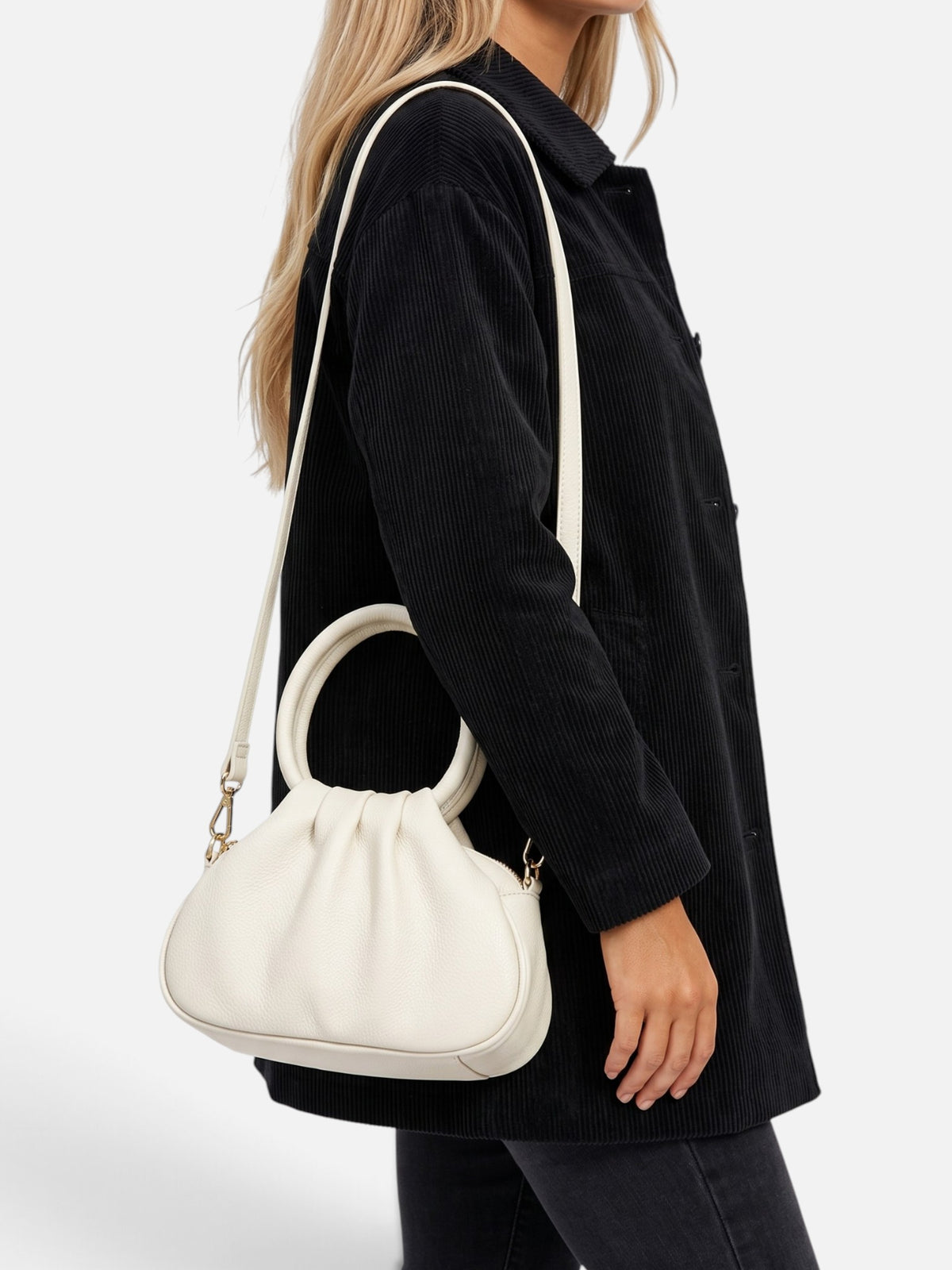 Women’s Leather Ruched Ring Handle Bag