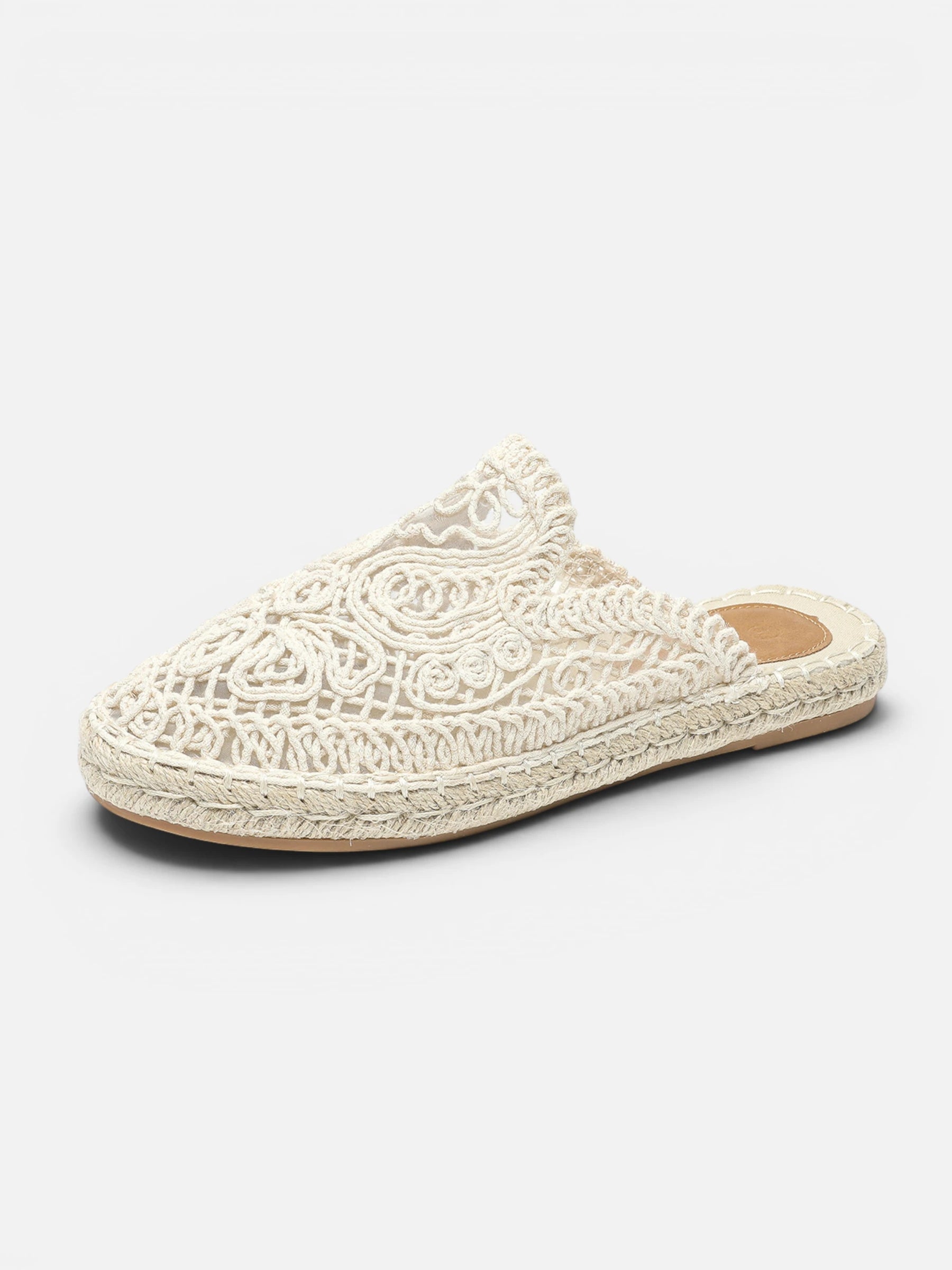 Women's Crochet Lace Slip-On Mules with Espadrille Sole and Embroidered Detail
