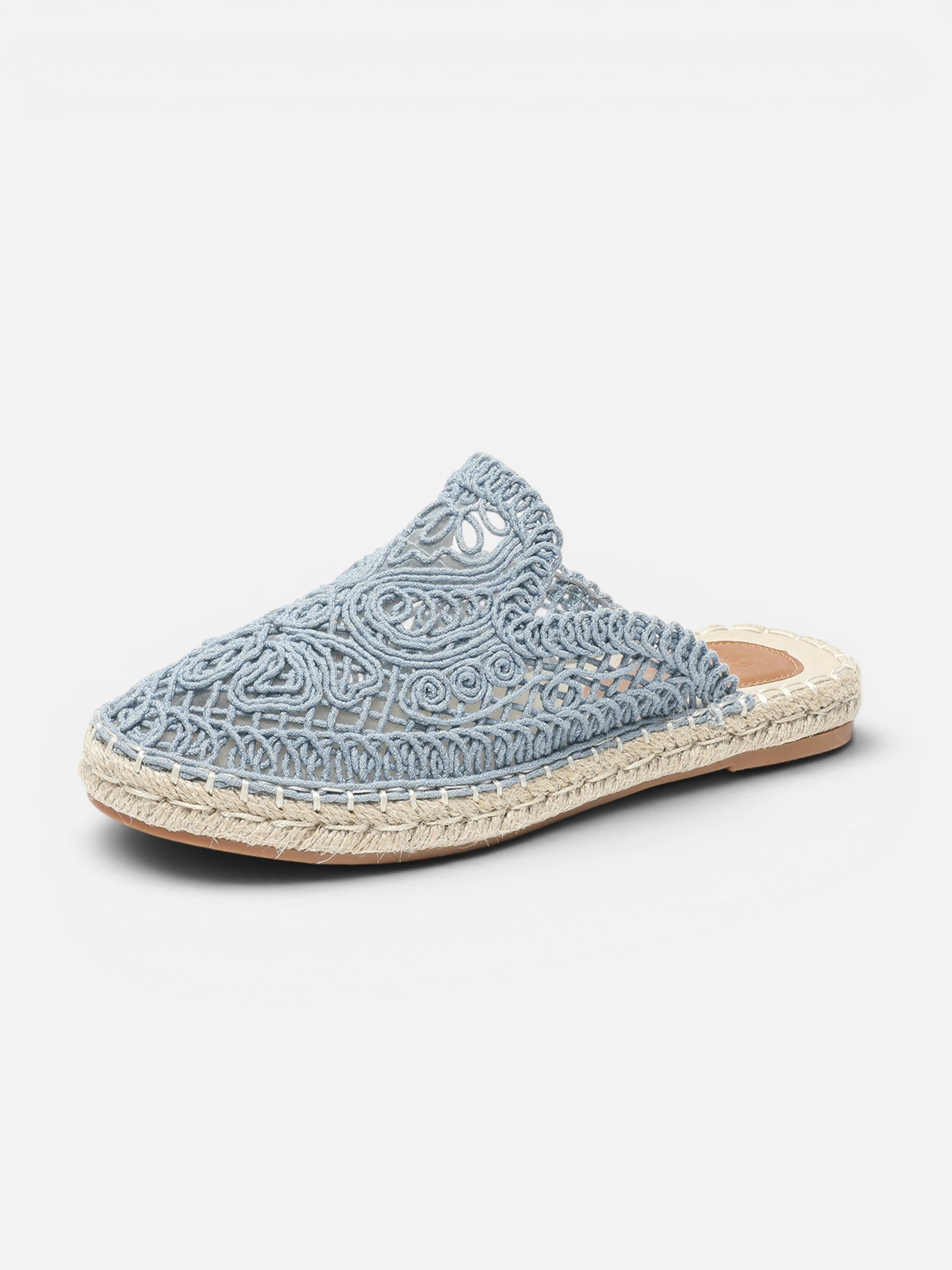 Women's Crochet Lace Slip-On Mules with Espadrille Sole and Embroidered Detail