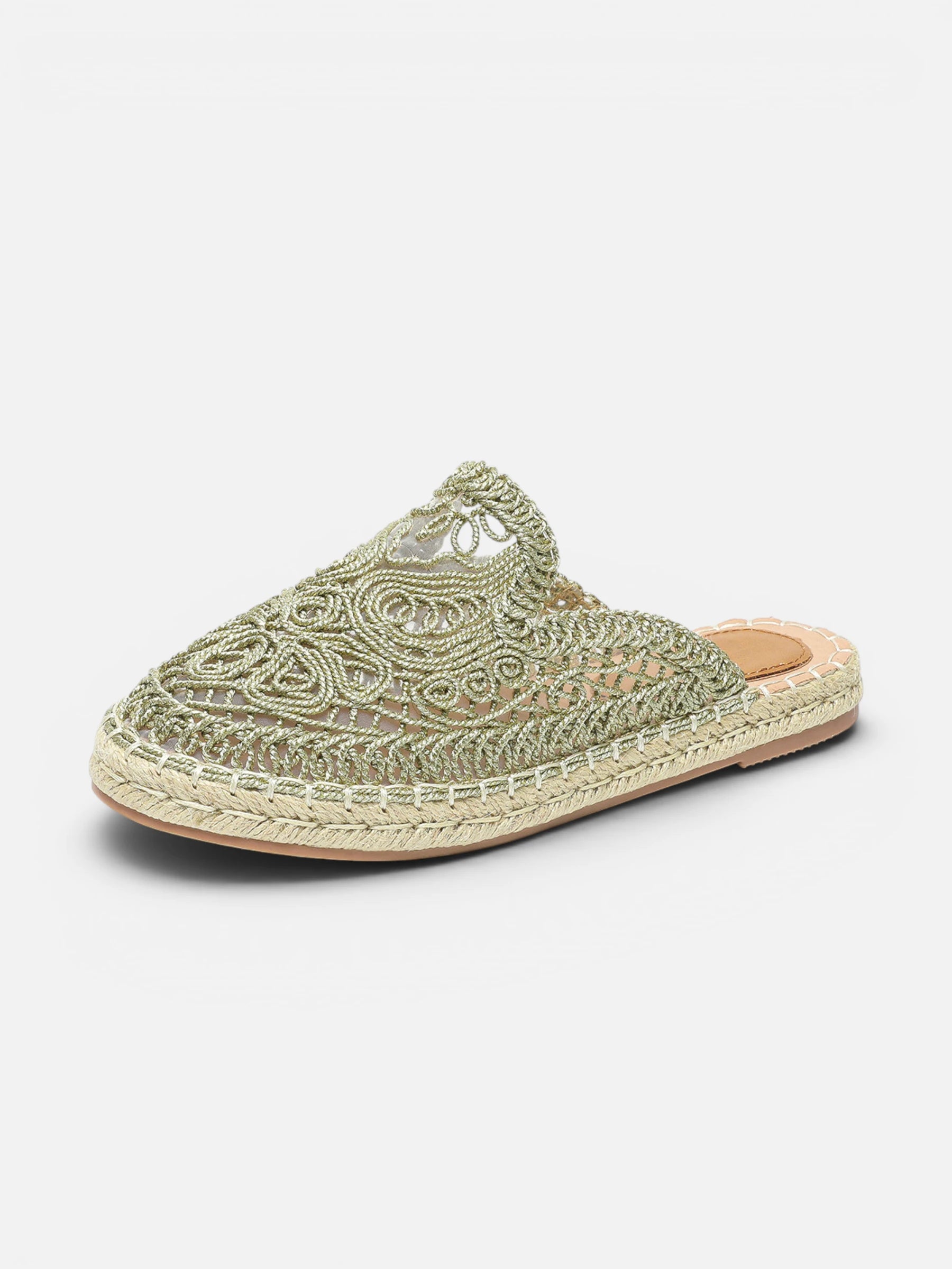 Women's Crochet Lace Slip-On Mules with Espadrille Sole and Embroidered Detail