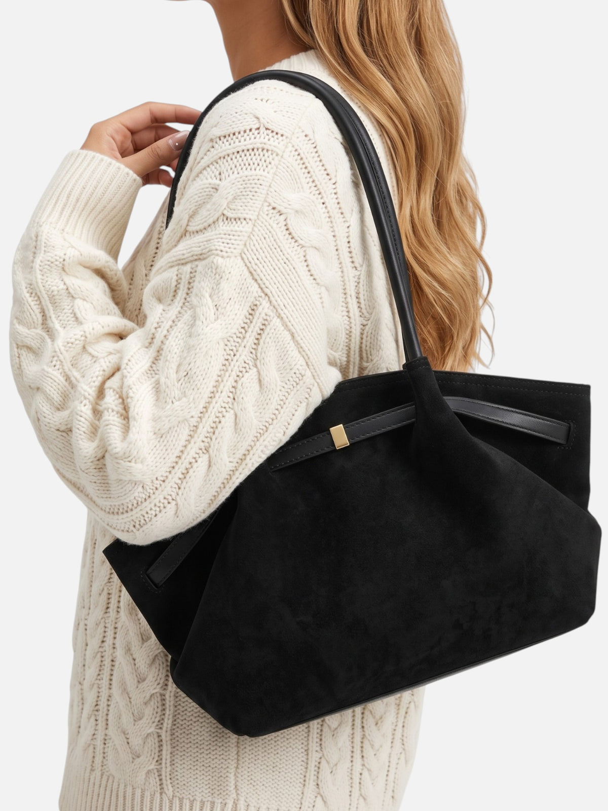 Sac Cabas Femme Suédine Porté Épaule Détail Ceinture