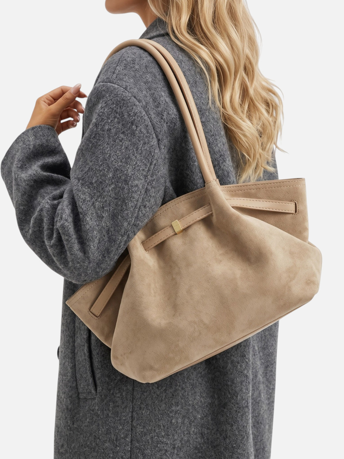 Sac Cabas Femme Suédine Porté Épaule Détail Ceinture