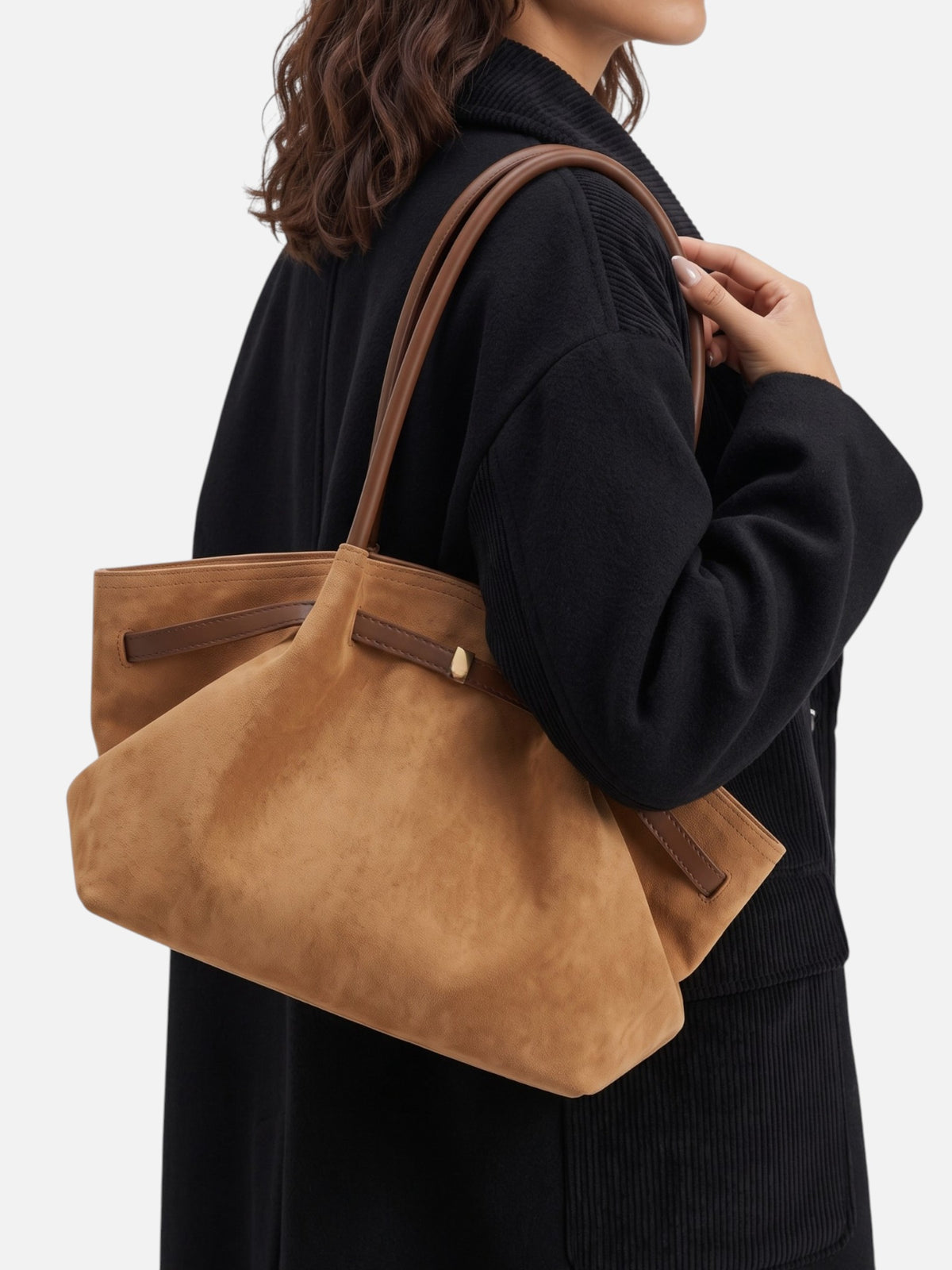 Sac Cabas Femme Suédine Porté Épaule Détail Ceinture