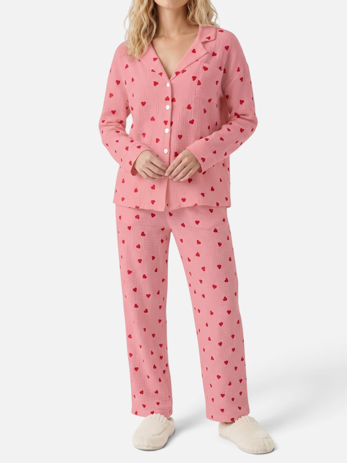 Pyjama Femme Imprimé Coeurs Manches Longues