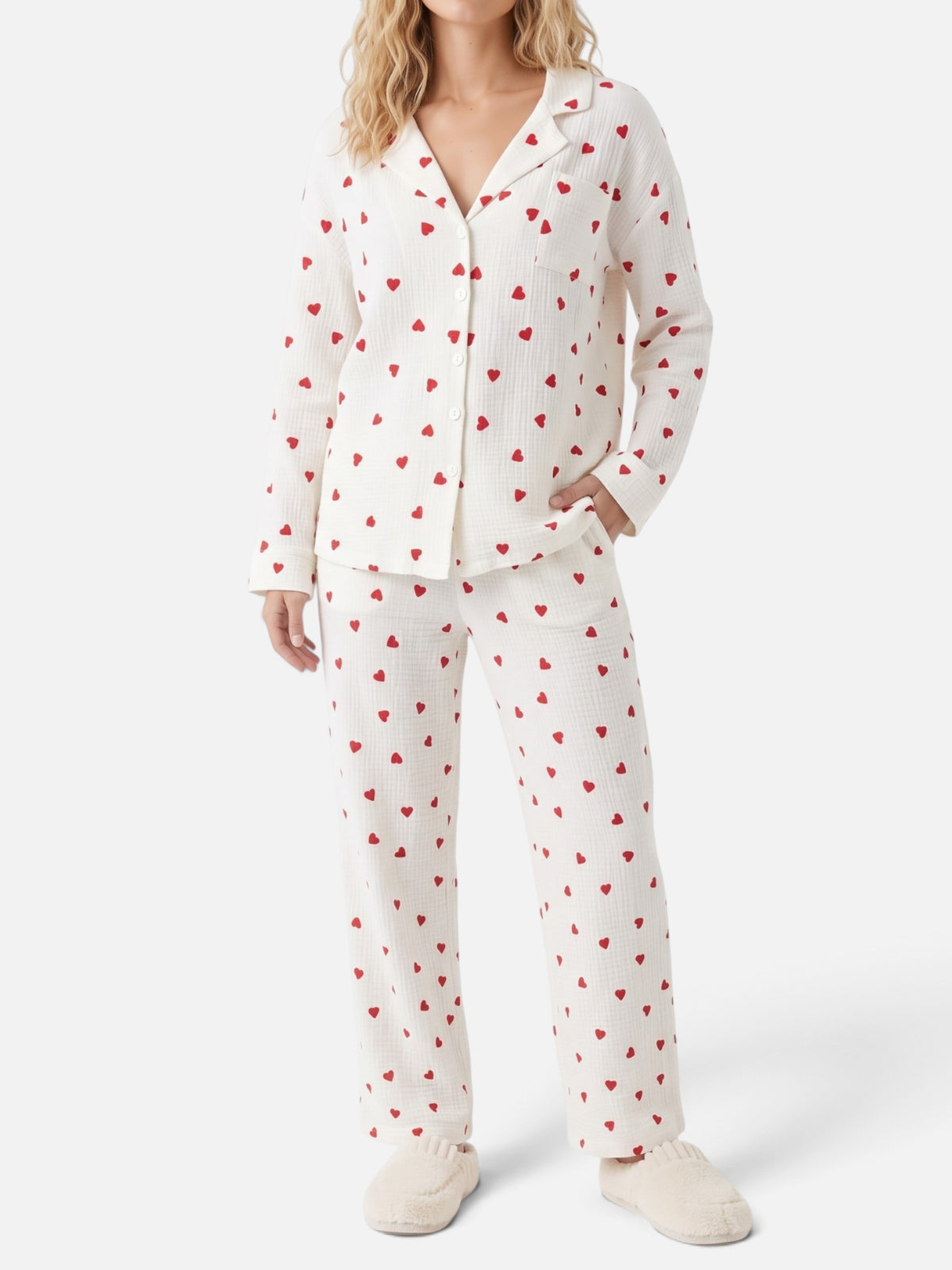 Pyjama Femme Imprimé Coeurs Manches Longues