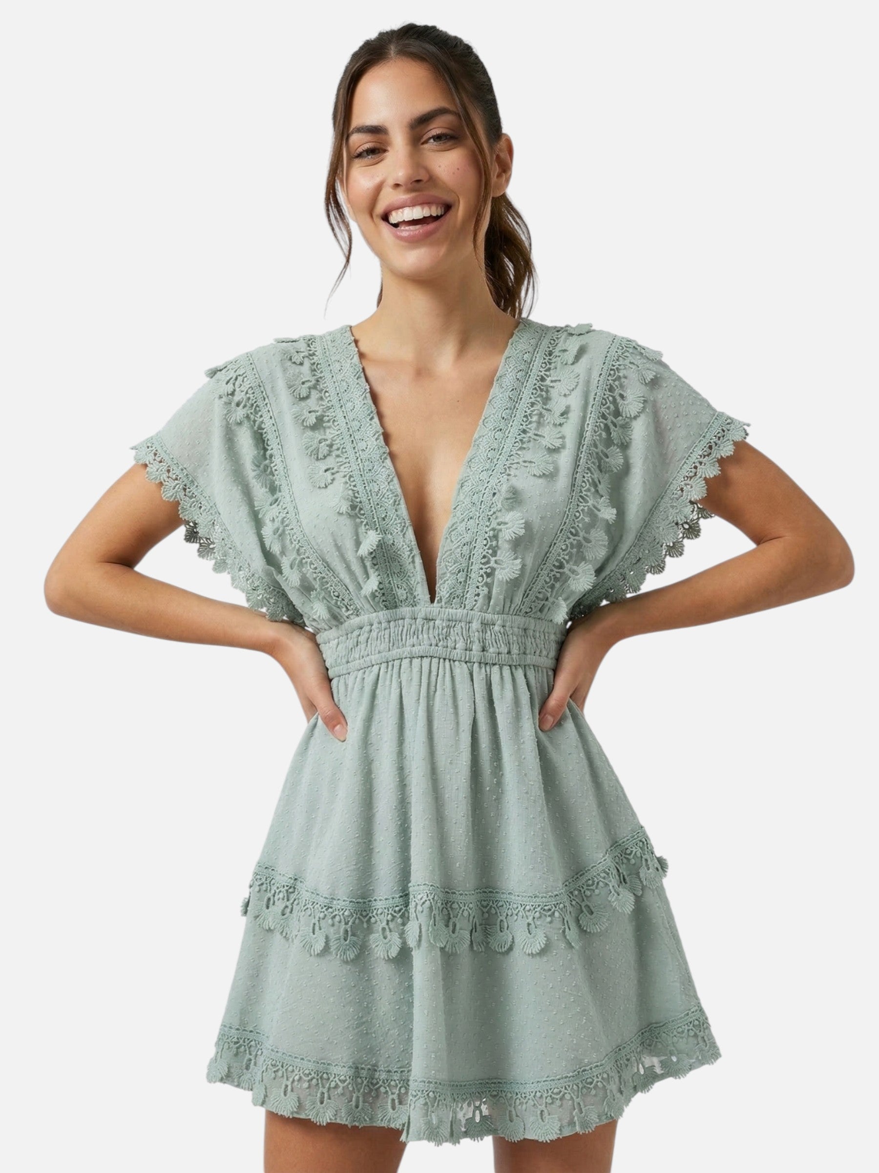 Robe courte bohème en dentelle à dos nu avec lien pour femme