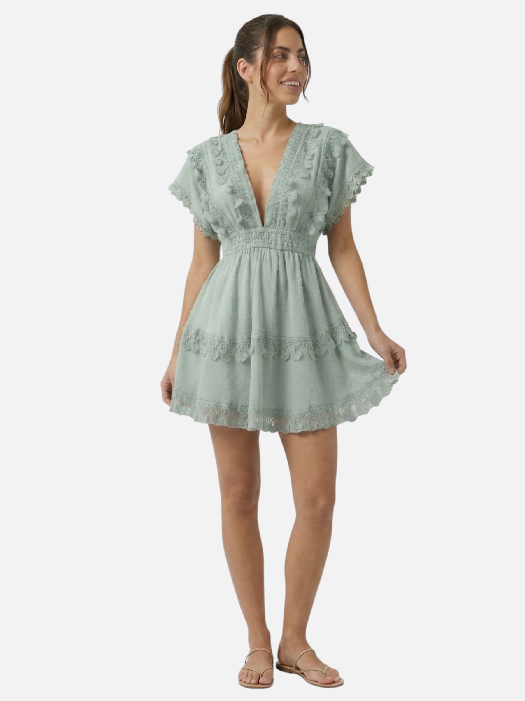 Robe courte bohème en dentelle à dos nu avec lien pour femme
