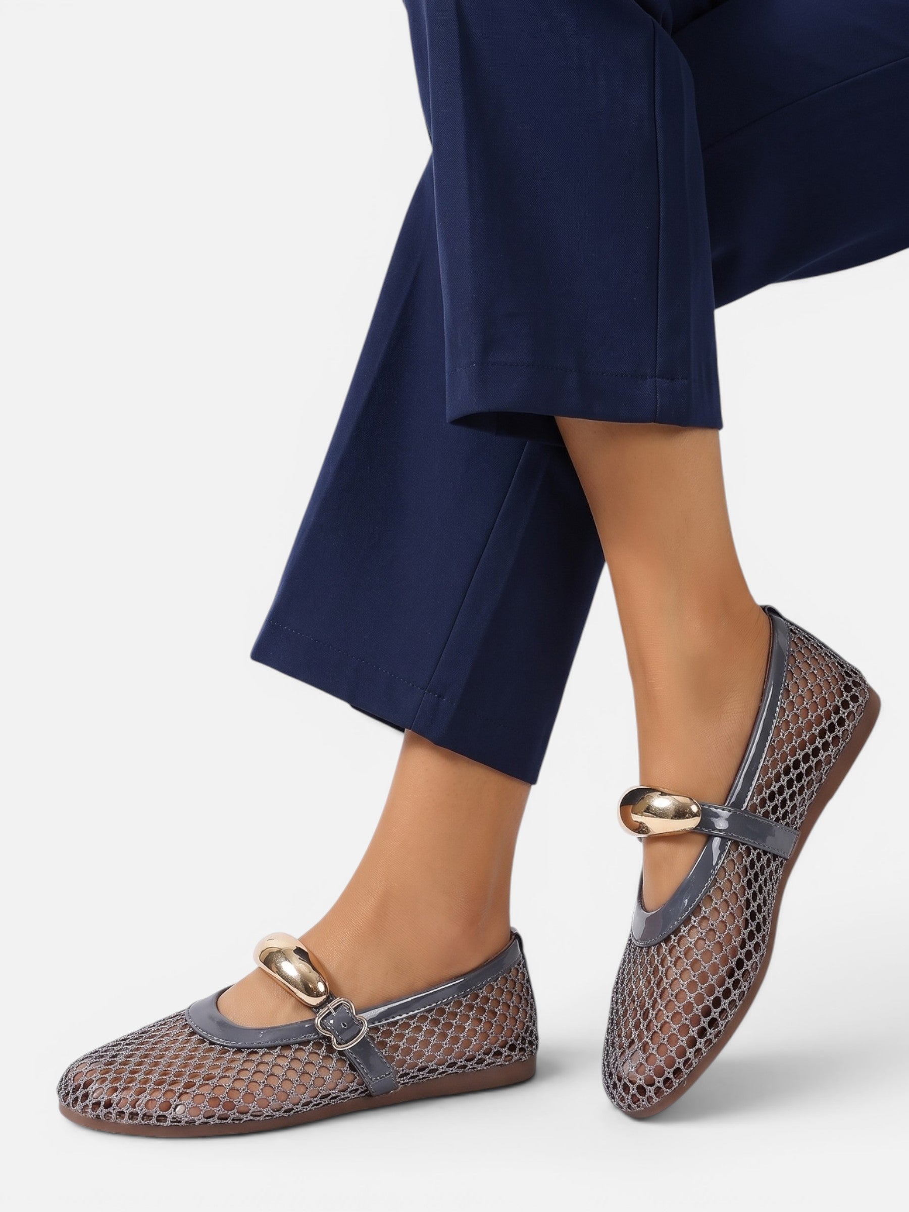 Ballerines Mary Jane Femme Résille Boucle Dorée