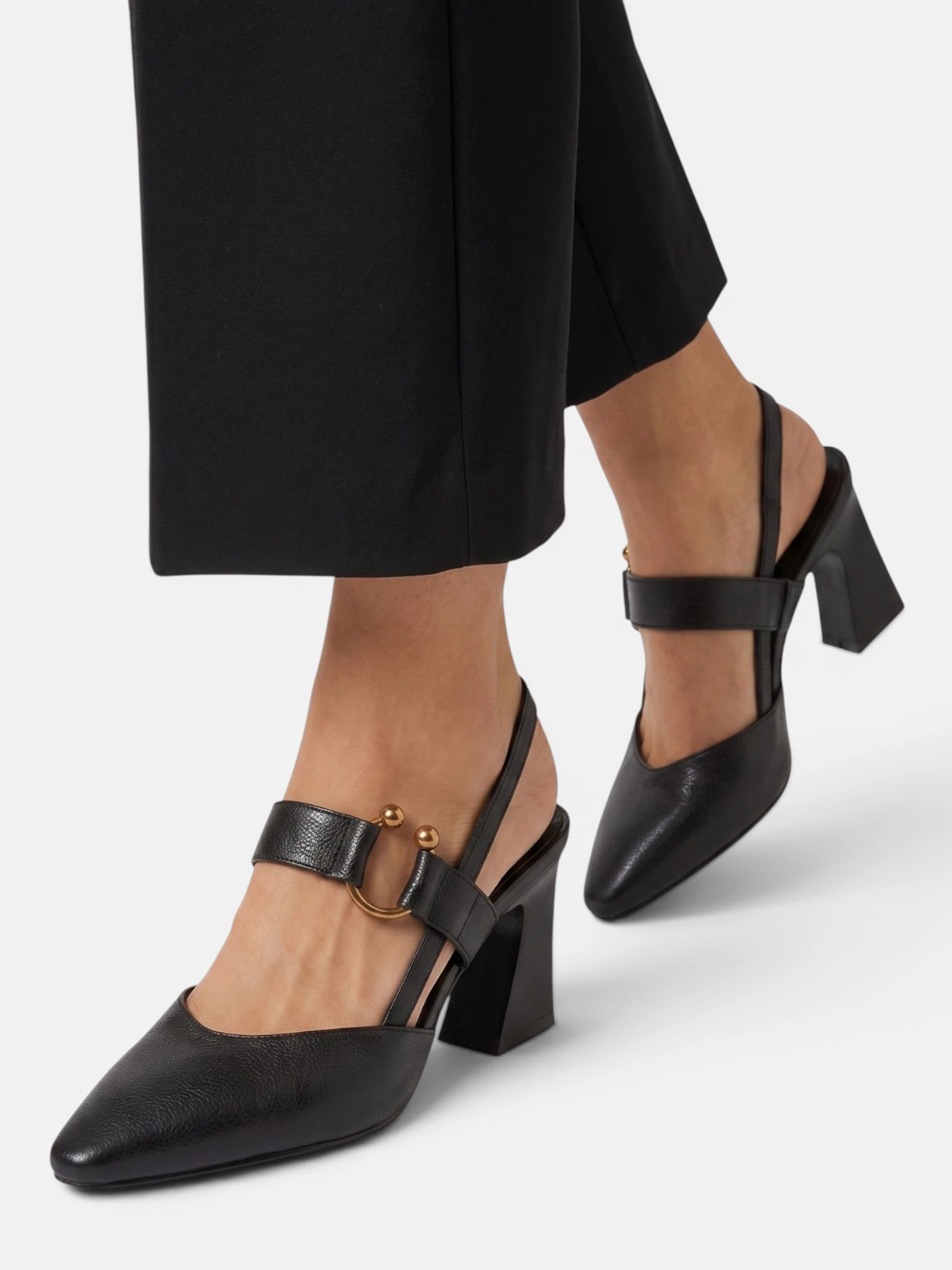 Women's Leather Slingback Block Heel Pumps with Buckle Strap