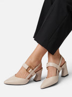 Women's Leather Slingback Block Heel Pumps with Buckle Strap