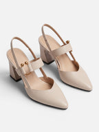 Women's Leather Slingback Block Heel Pumps with Buckle Strap