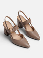 Women's Leather Slingback Block Heel Pumps with Buckle Strap
