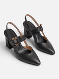 Women's Leather Slingback Block Heel Pumps with Buckle Strap