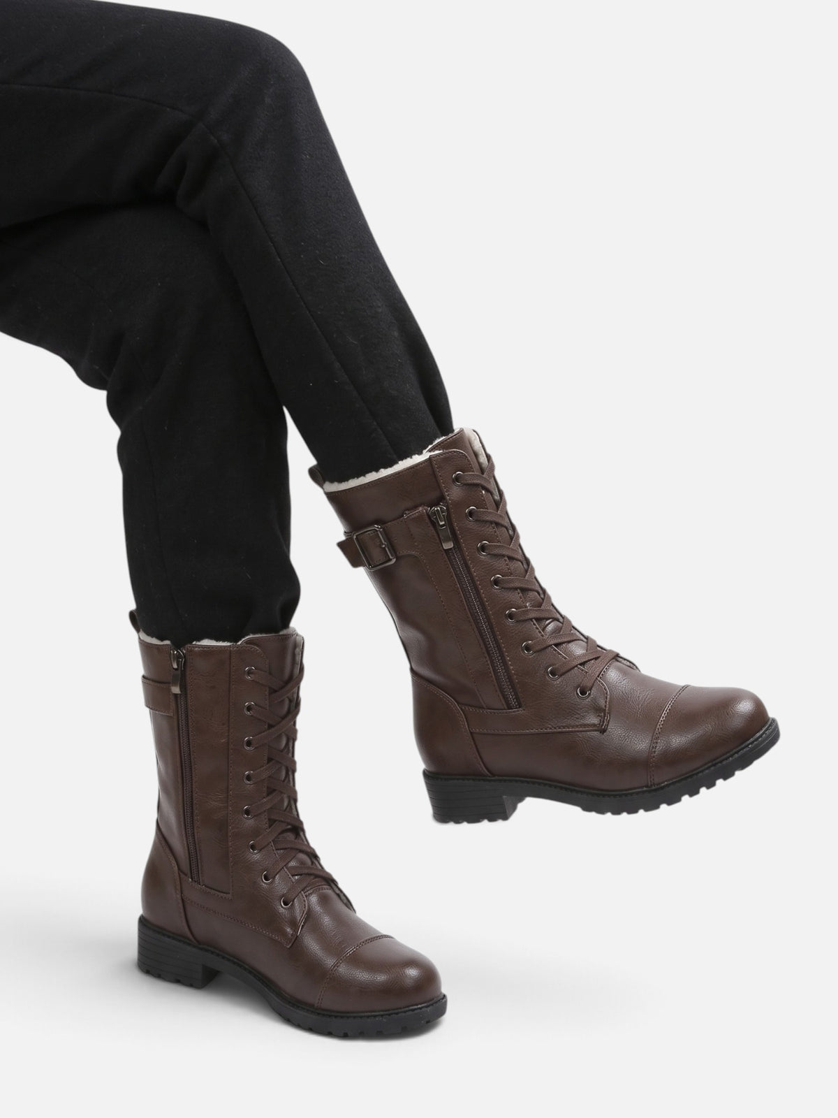Women’s Leather Faux Fur Lined Lace Up Combat Boots