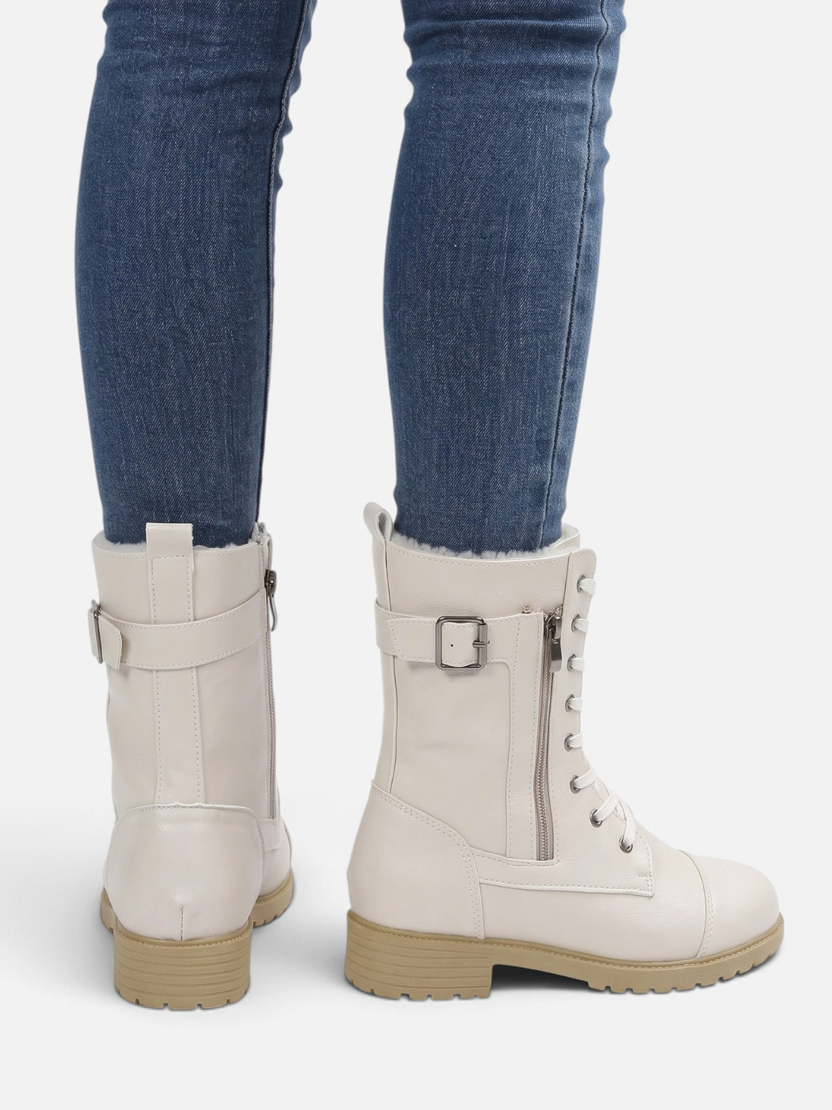 Women’s Leather Faux Fur Lined Lace Up Combat Boots