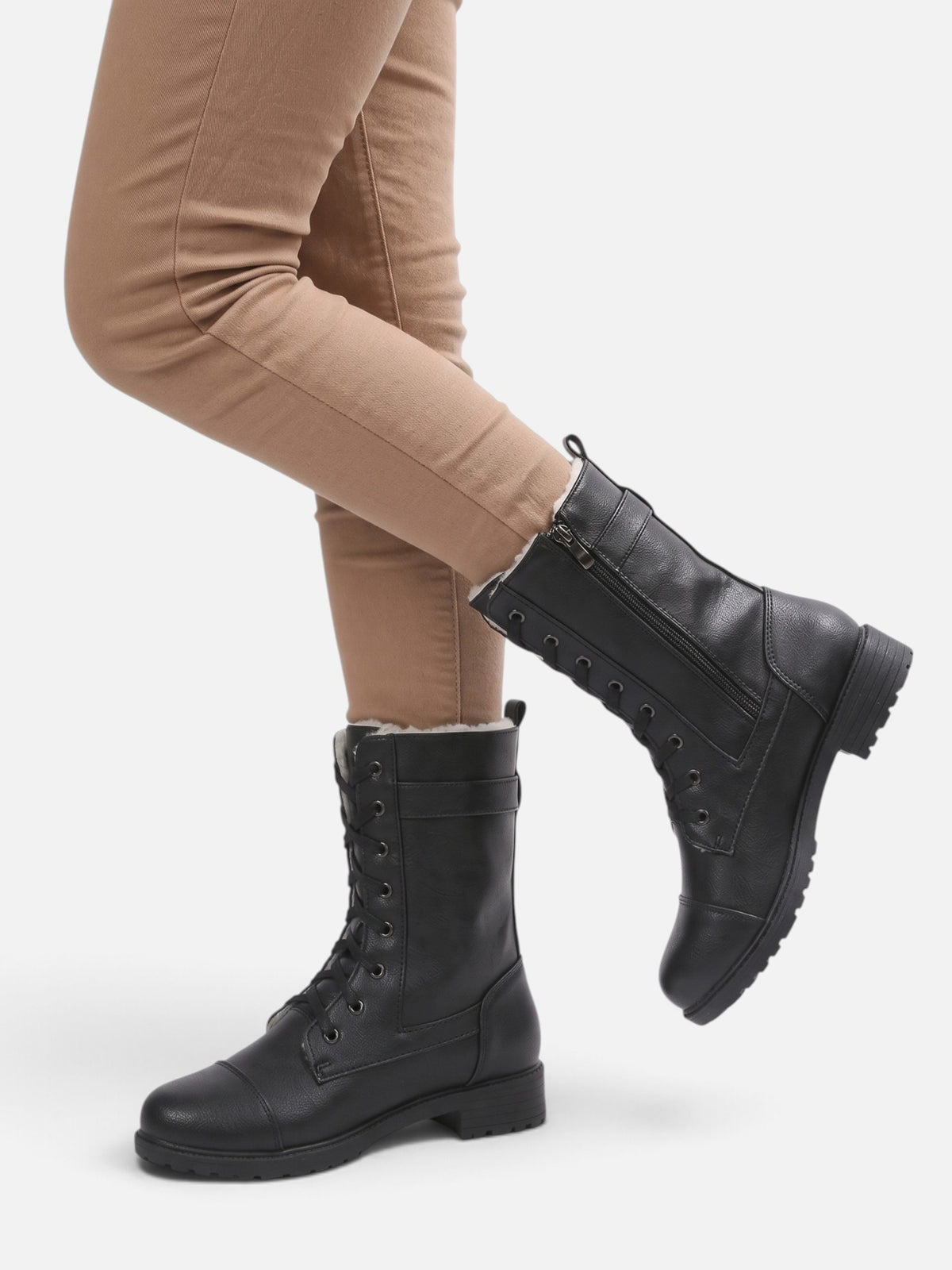 Women’s Leather Faux Fur Lined Lace Up Combat Boots