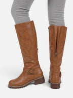 Bottes Hautes Femme Cuir Bride Boucle Semelle Épaisse