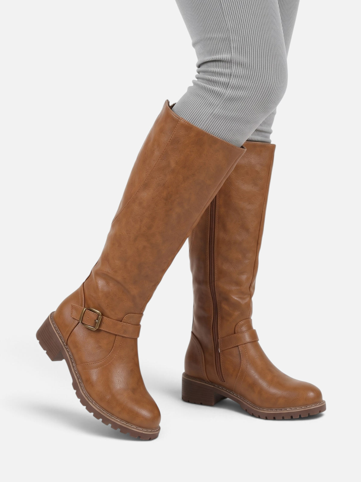 Bottes Hautes Femme Cuir Bride Boucle Semelle Épaisse