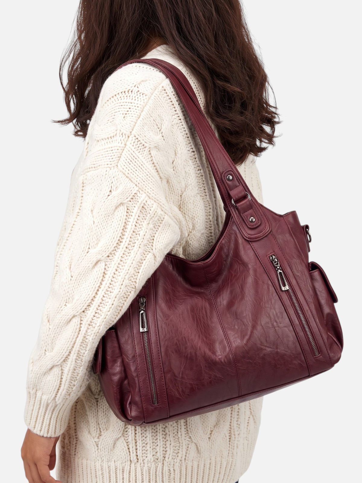 Sac Hobo Femme Simili Cuir Multipoches Porté Épaule Détail Zippé