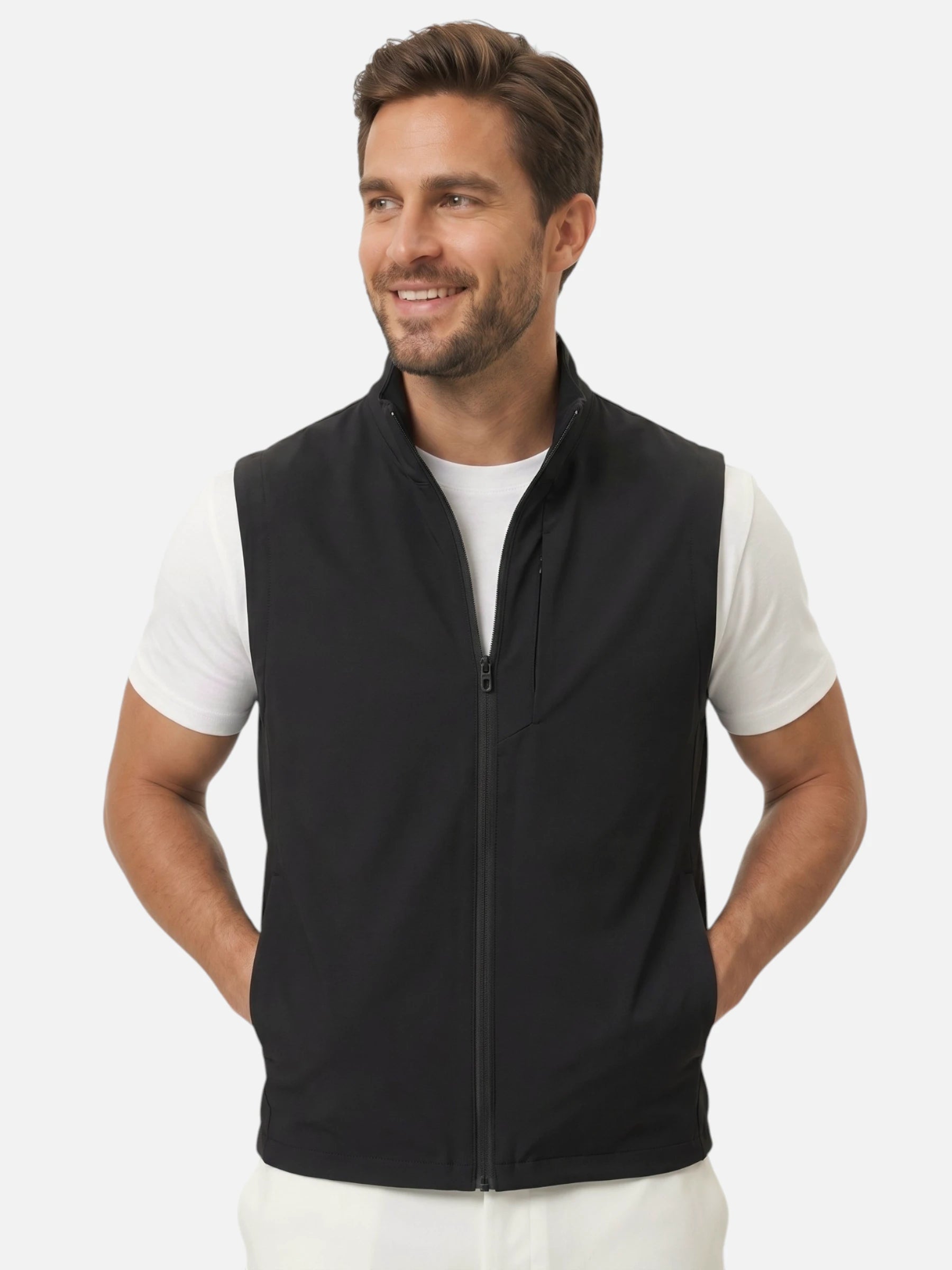 Men's zip-up vest with stand-up collar, sporty cut, and chest pocket