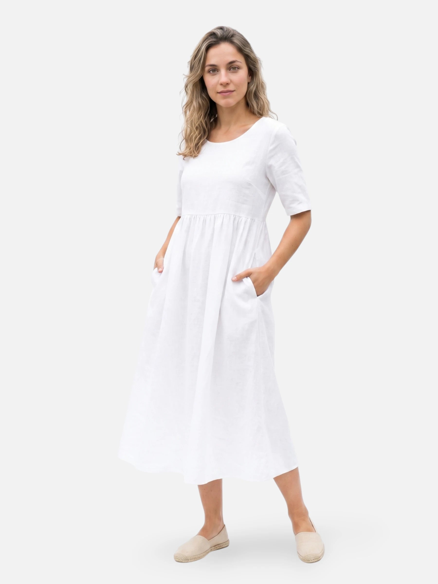 Robe midi ample en lin mélangé à manches courtes et poches
