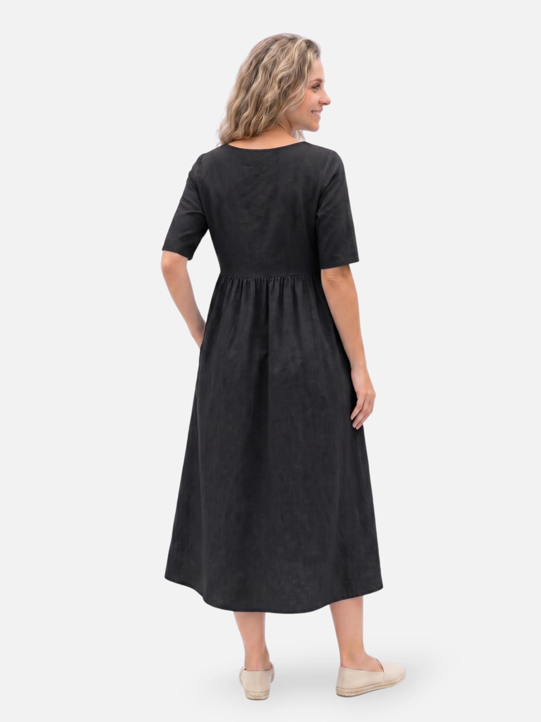 Robe midi ample en lin mélangé à manches courtes et poches