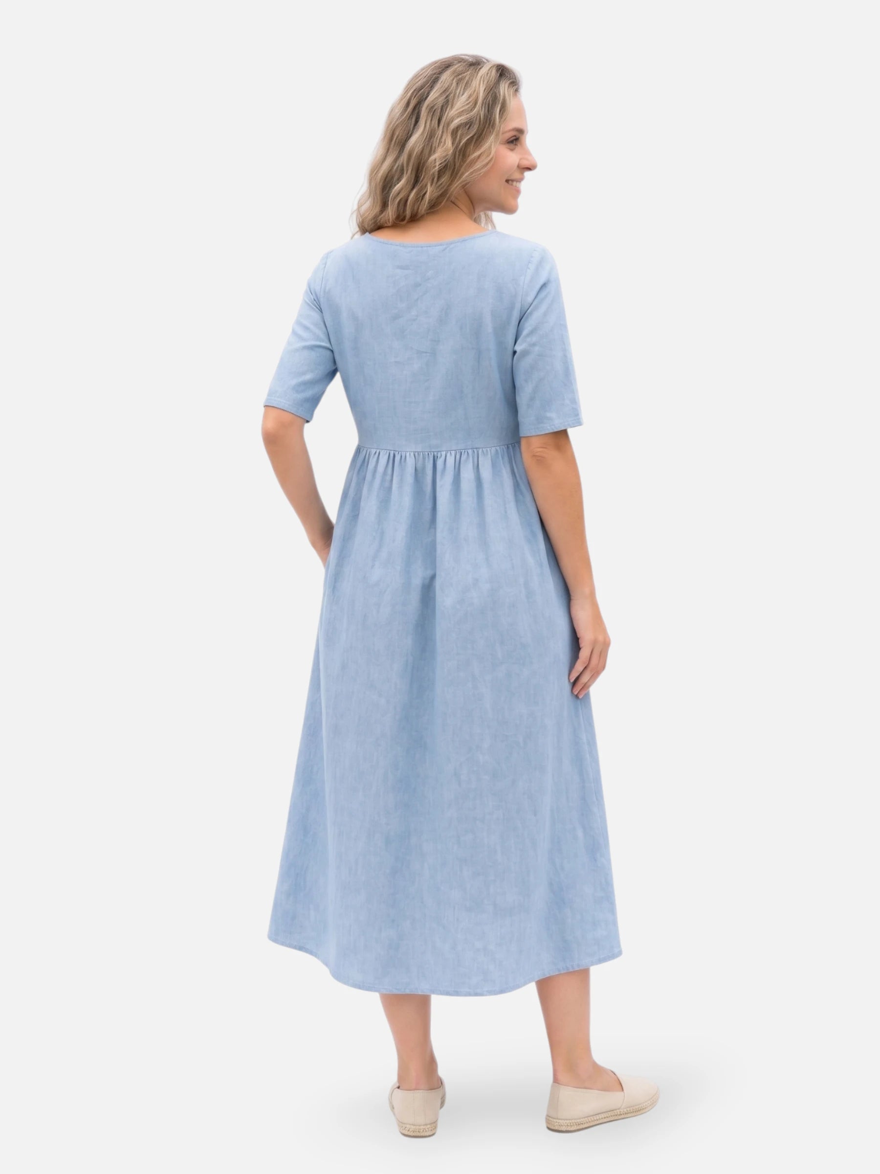 Robe midi ample en lin mélangé à manches courtes et poches