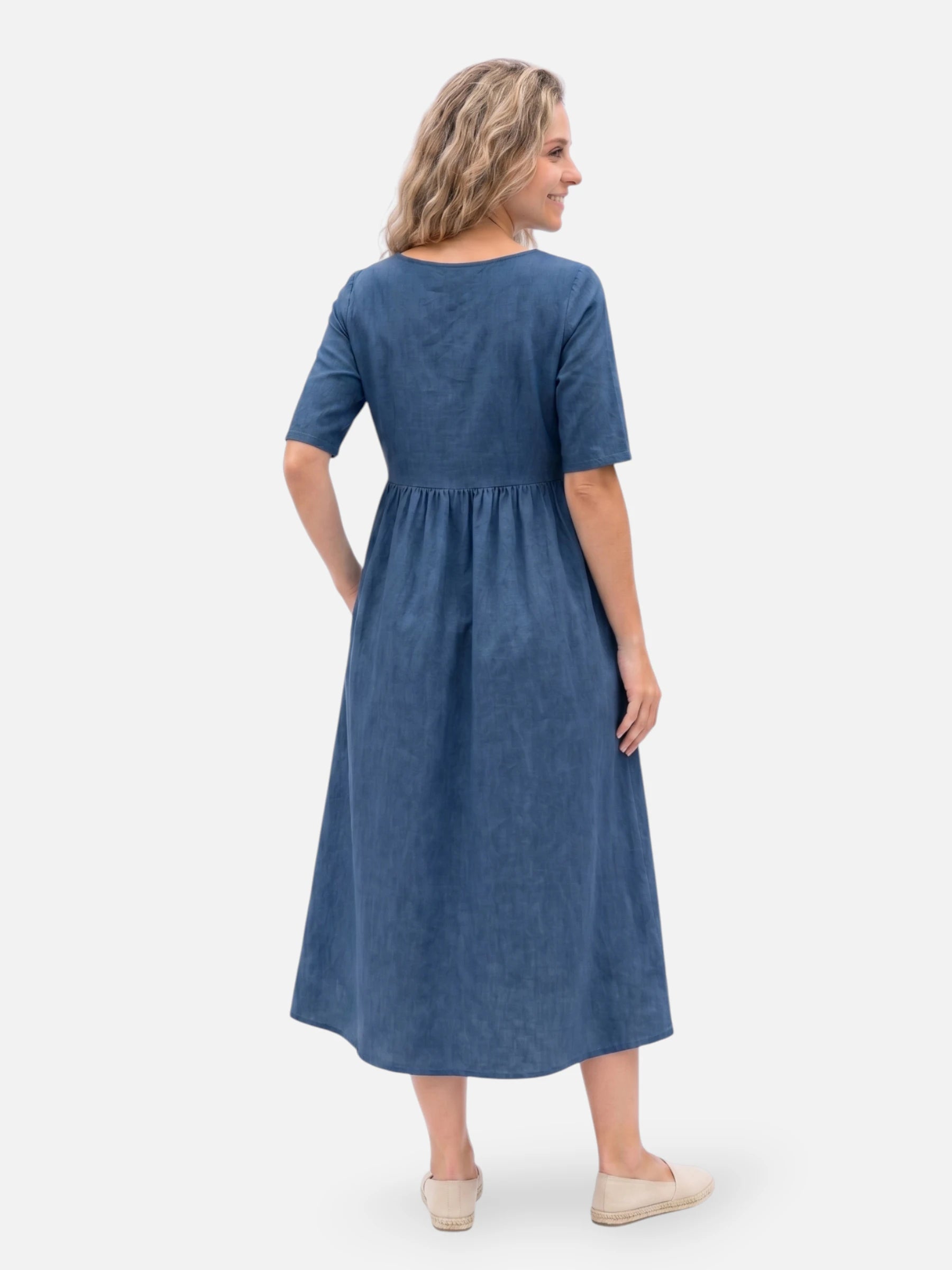 Robe midi ample en lin mélangé à manches courtes et poches