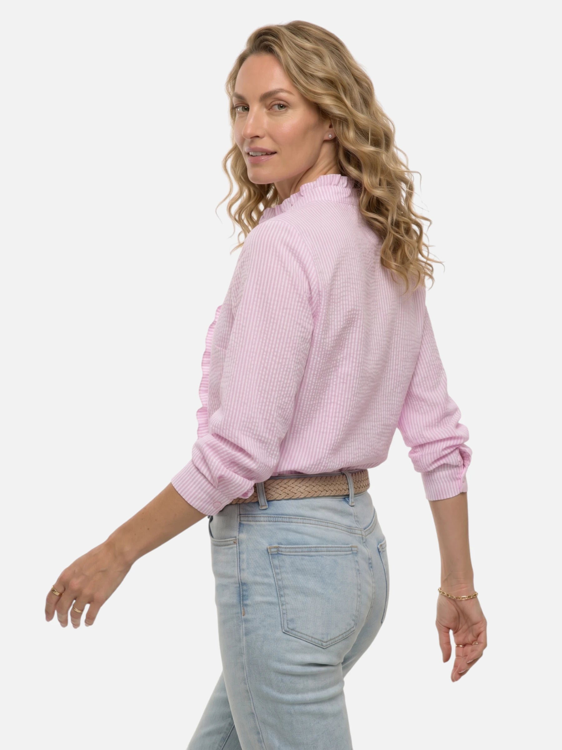 Chemise femme texturée à rayures avec détails volantés