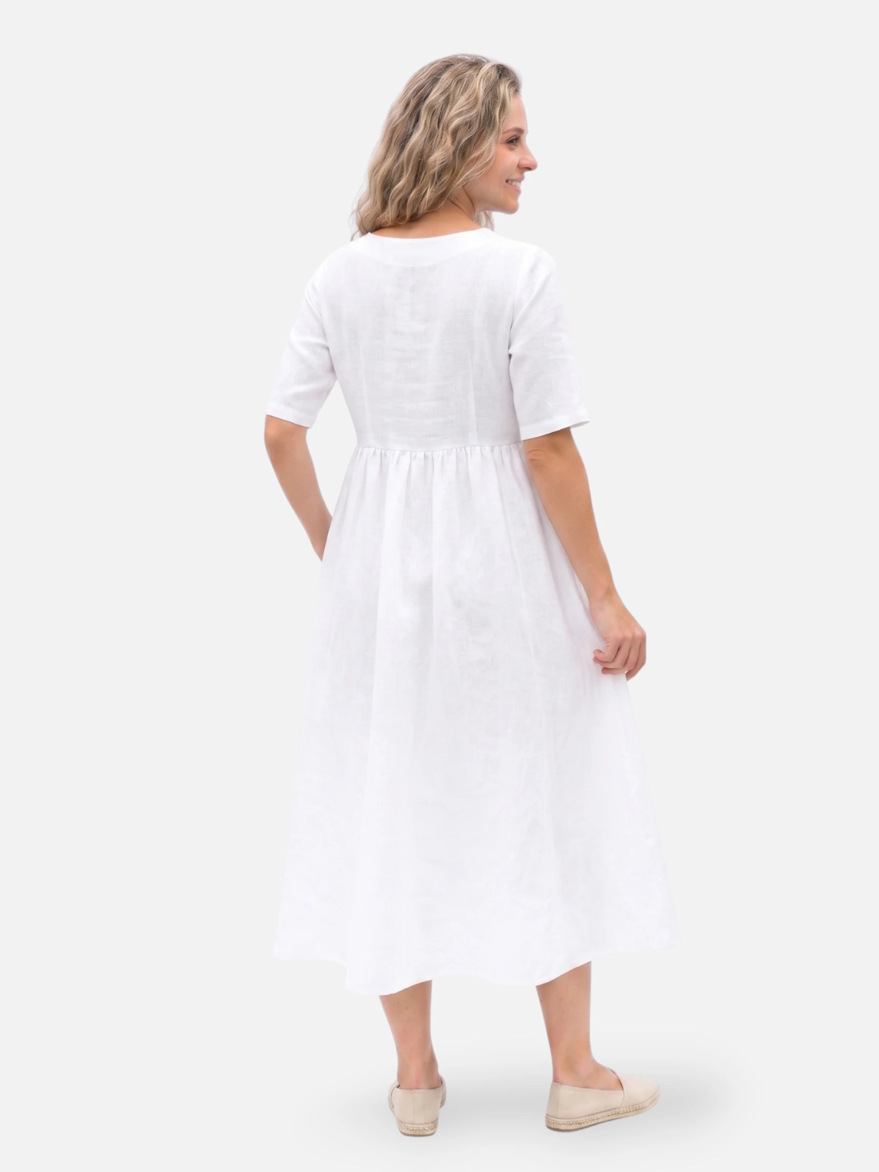 Robe midi ample en lin mélangé à manches courtes et poches