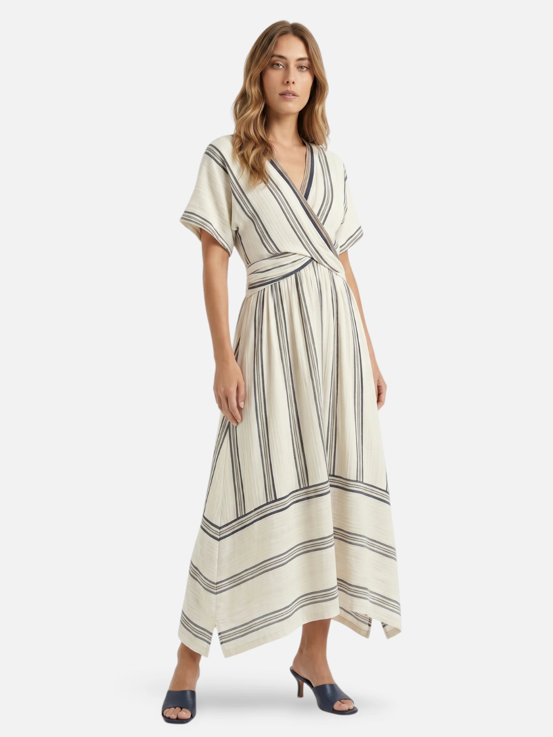 Striped long wrap dress with elegant crossed waist