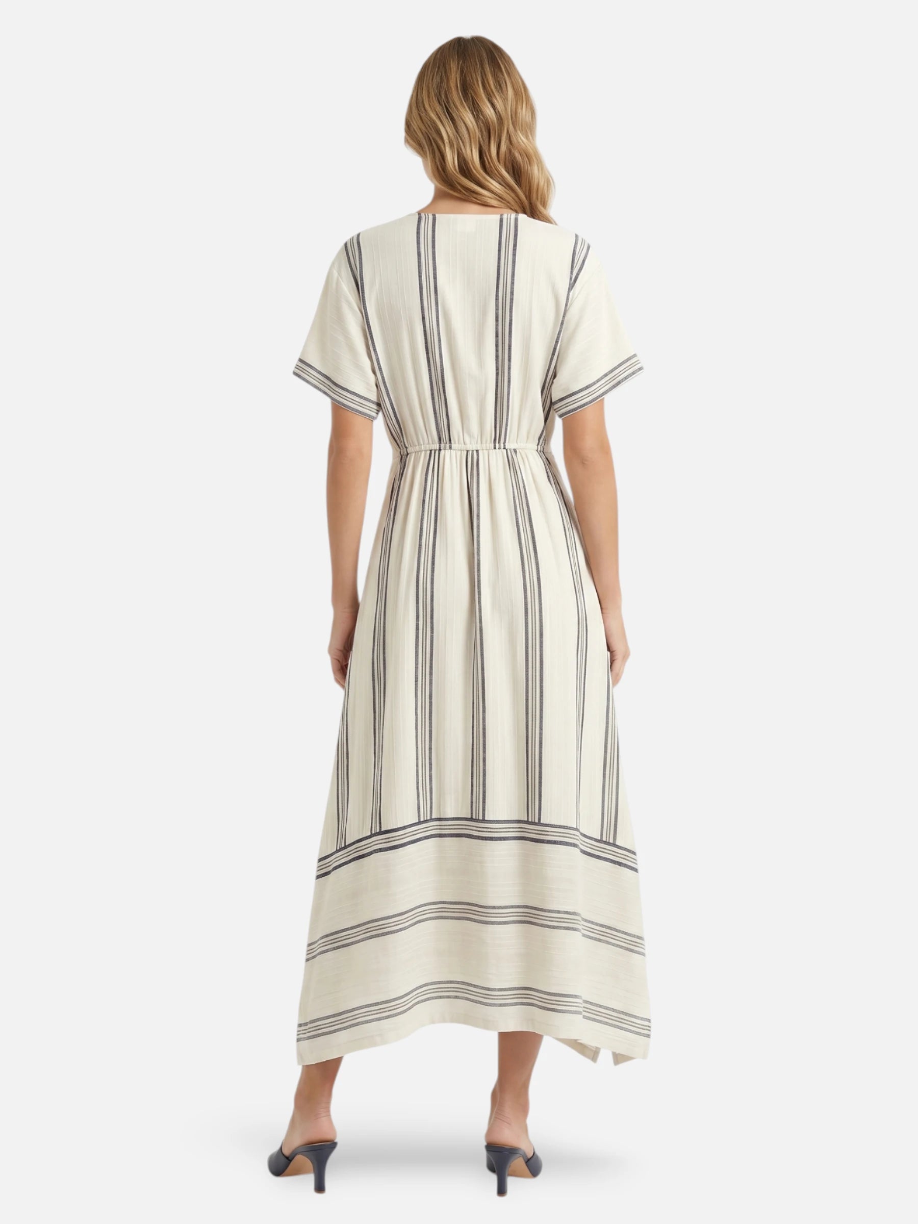 Striped long wrap dress with elegant crossed waist