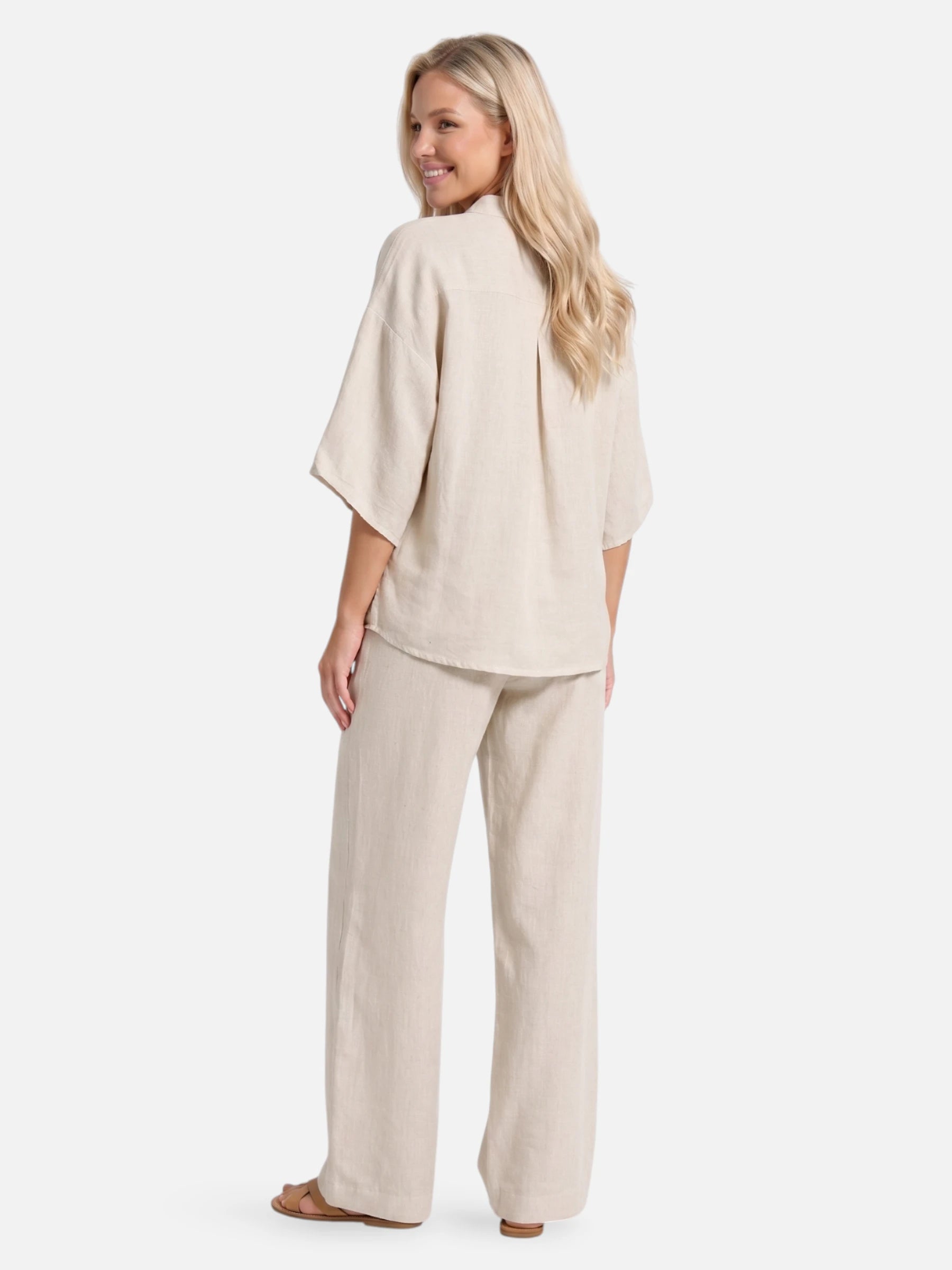 Ensemble en lin décontracté pour femme avec pantalon large et blouse à boutons