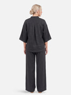 Conjunto casual de lino para mujer con pantalón ancho y blusa con botones
