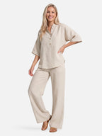 Conjunto casual de lino para mujer con pantalón ancho y blusa con botones