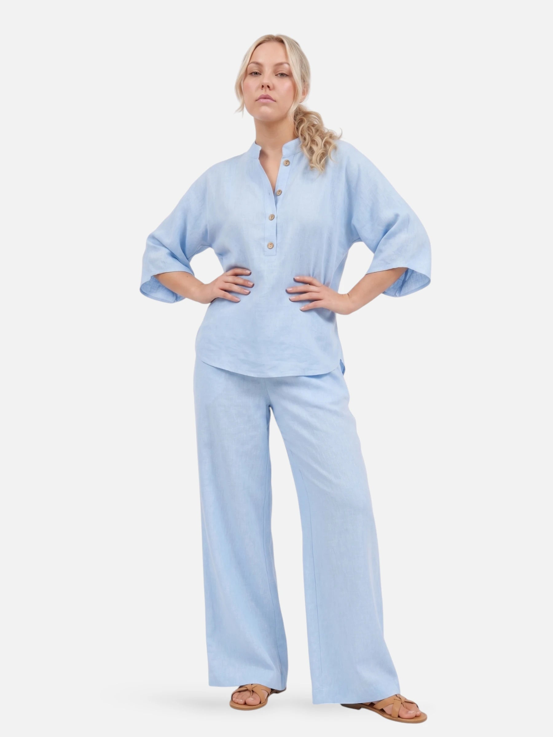 Ensemble en lin décontracté pour femme avec pantalon large et blouse à boutons