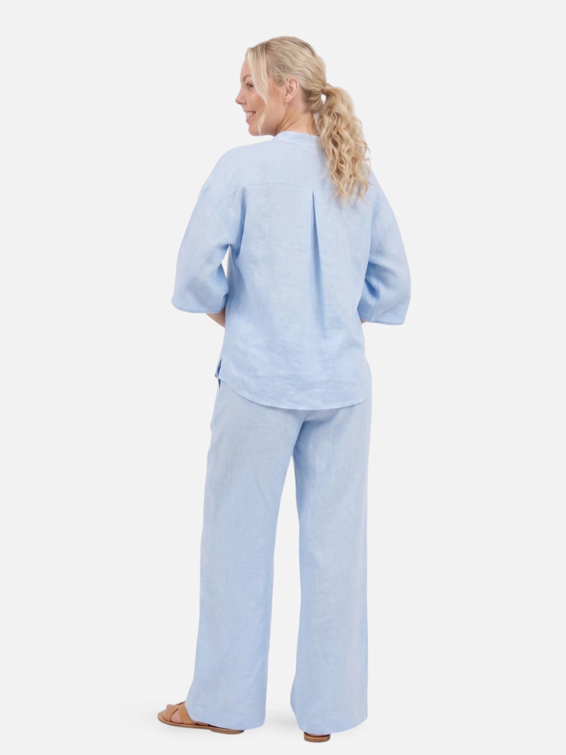 Ensemble en lin décontracté pour femme avec pantalon large et blouse à boutons