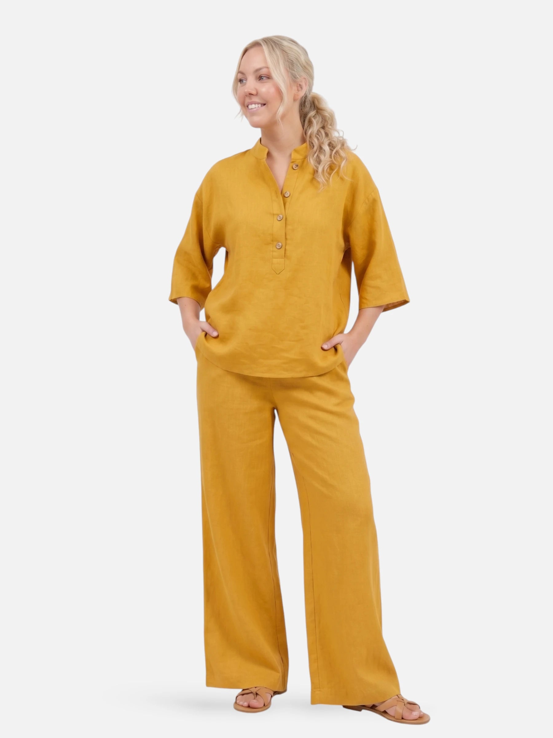 Ensemble en lin décontracté pour femme avec pantalon large et blouse à boutons