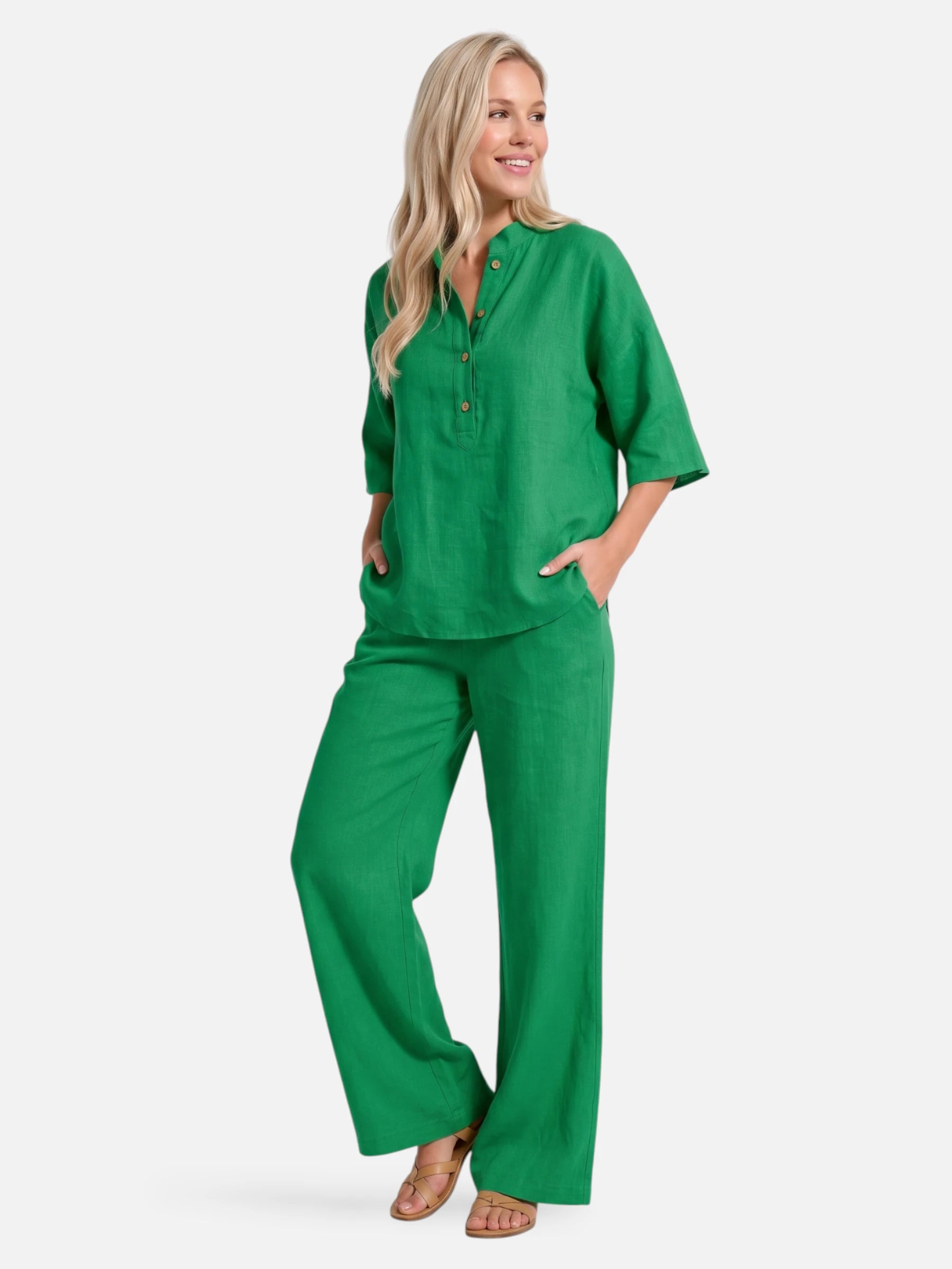 Ensemble en lin décontracté pour femme avec pantalon large et blouse à boutons