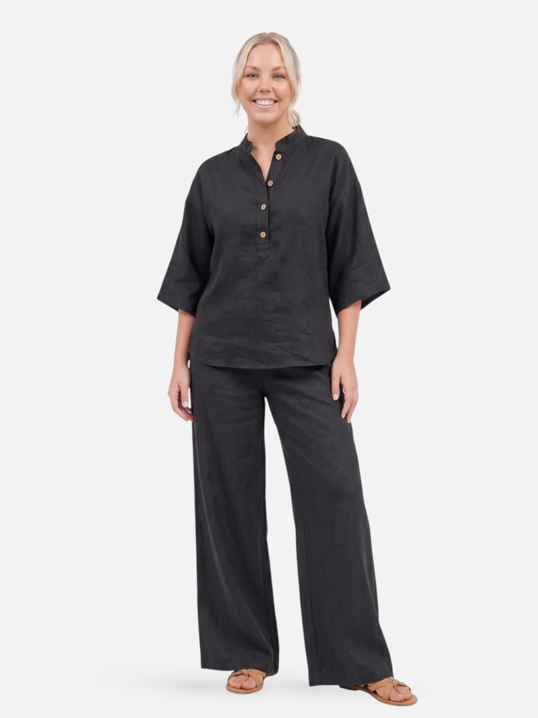 Ensemble en lin décontracté pour femme avec pantalon large et blouse à boutons
