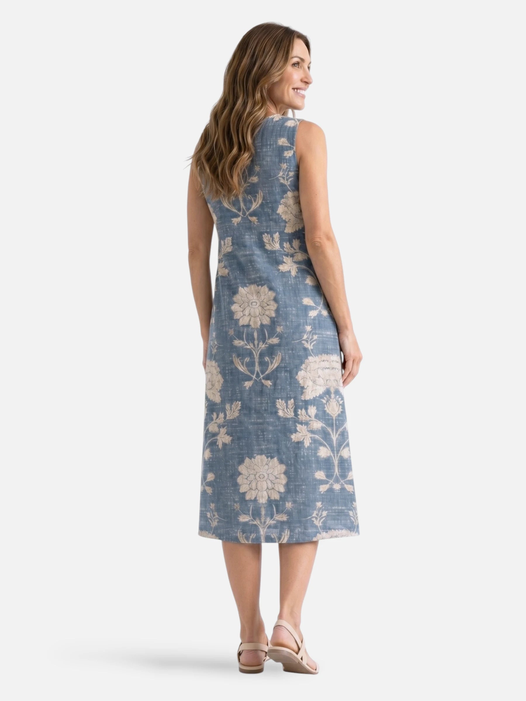 Robe midi bleue sans manches imprimé floral et col rond