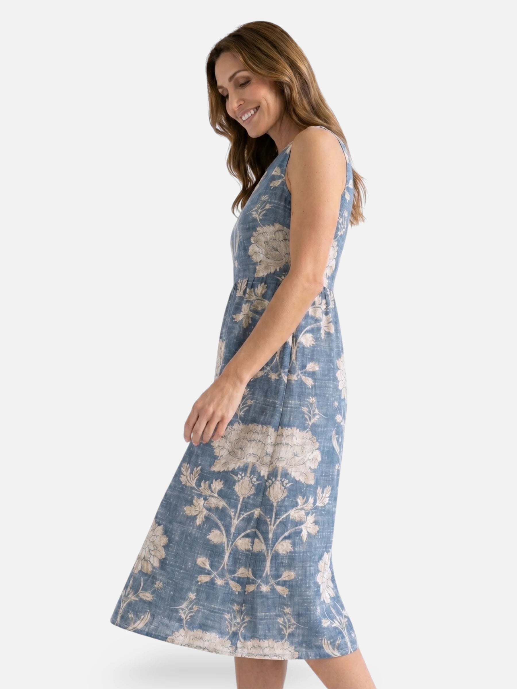 Robe midi bleue sans manches imprimé floral et col rond