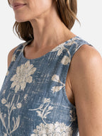 Robe midi bleue sans manches imprimé floral et col rond