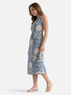 Robe midi bleue sans manches imprimé floral et col rond
