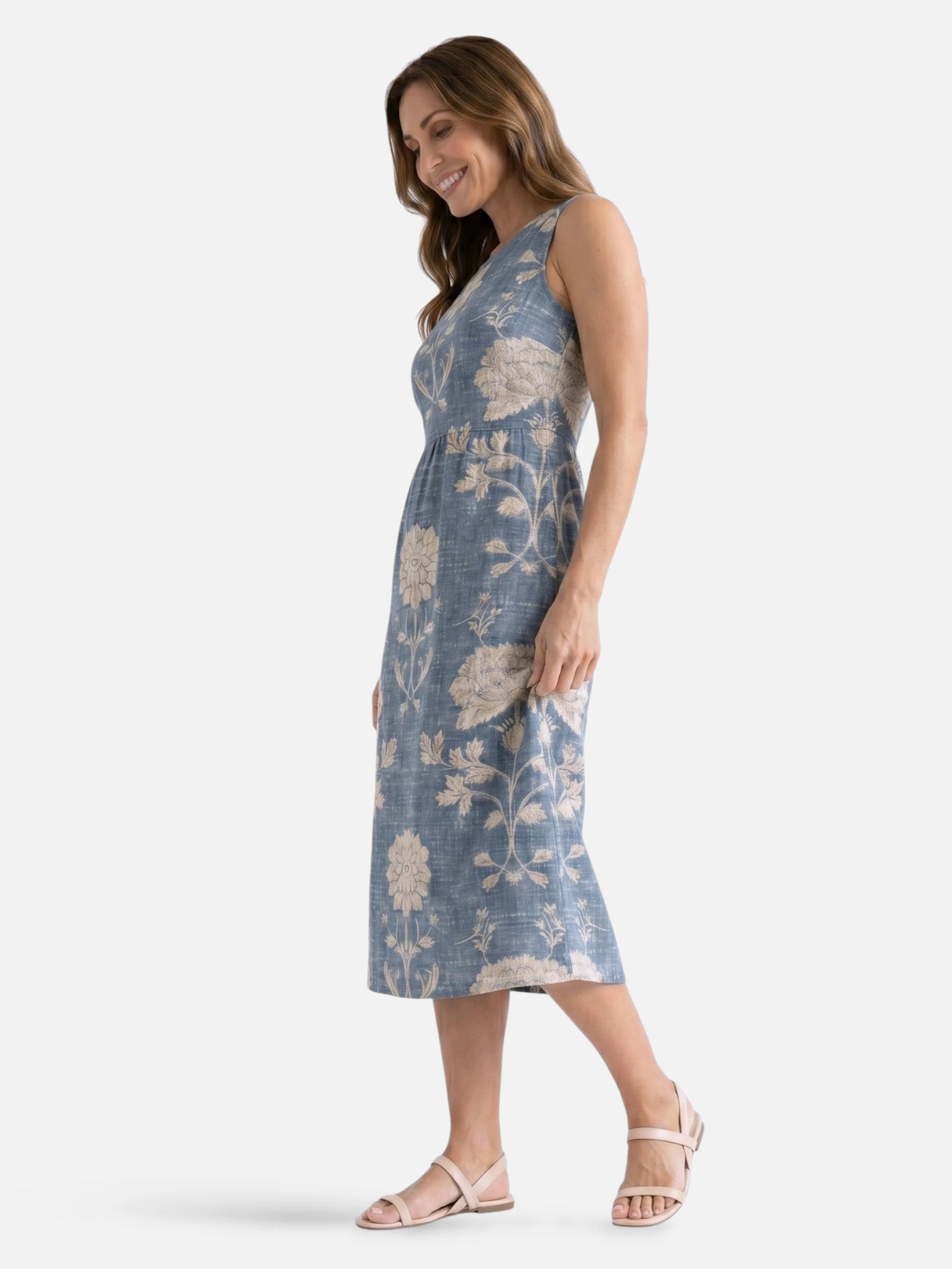 Robe midi bleue sans manches imprimé floral et col rond