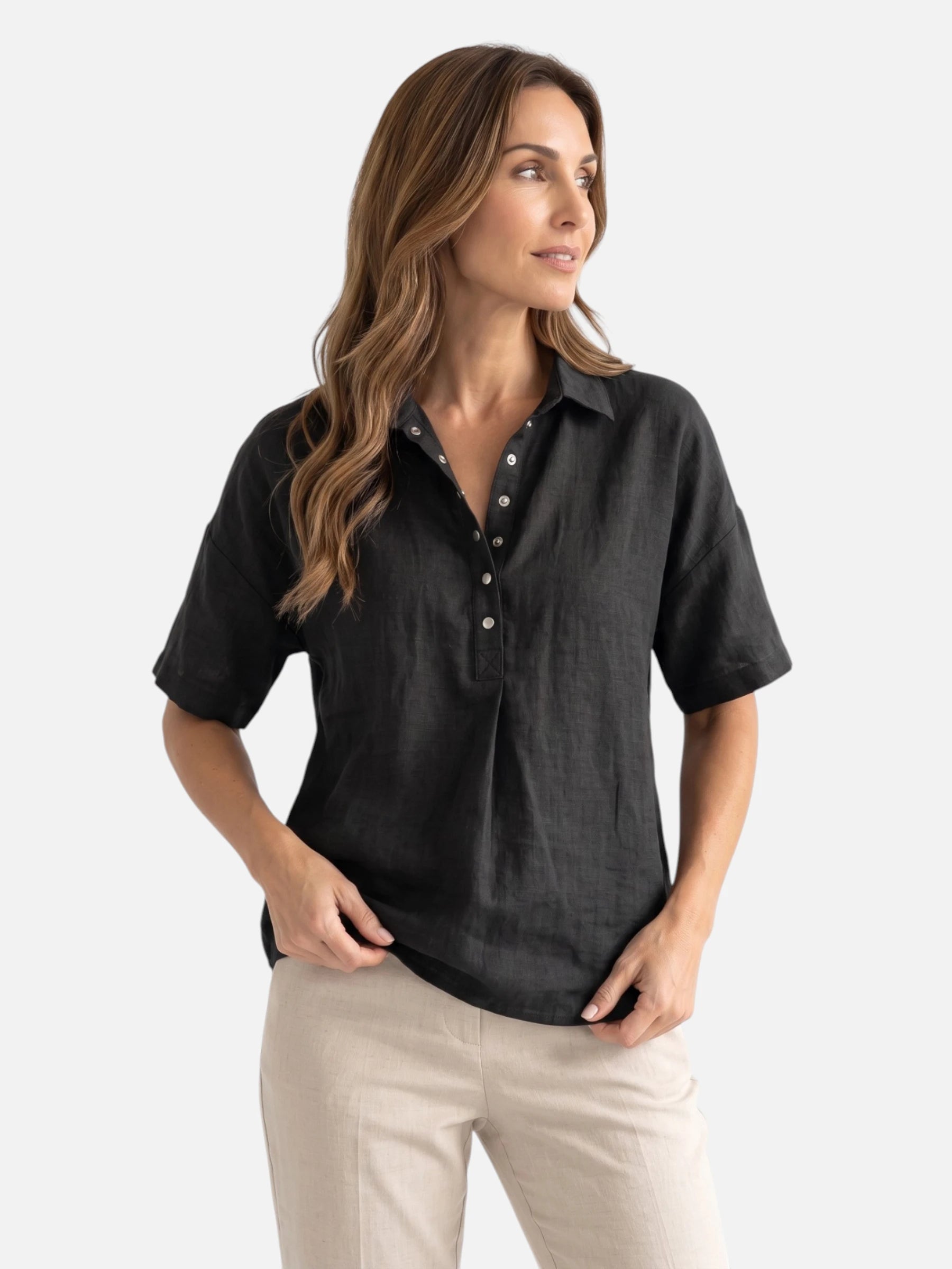Chemise Femme en Lin Manches Courtes Col Classique Coupe Ample