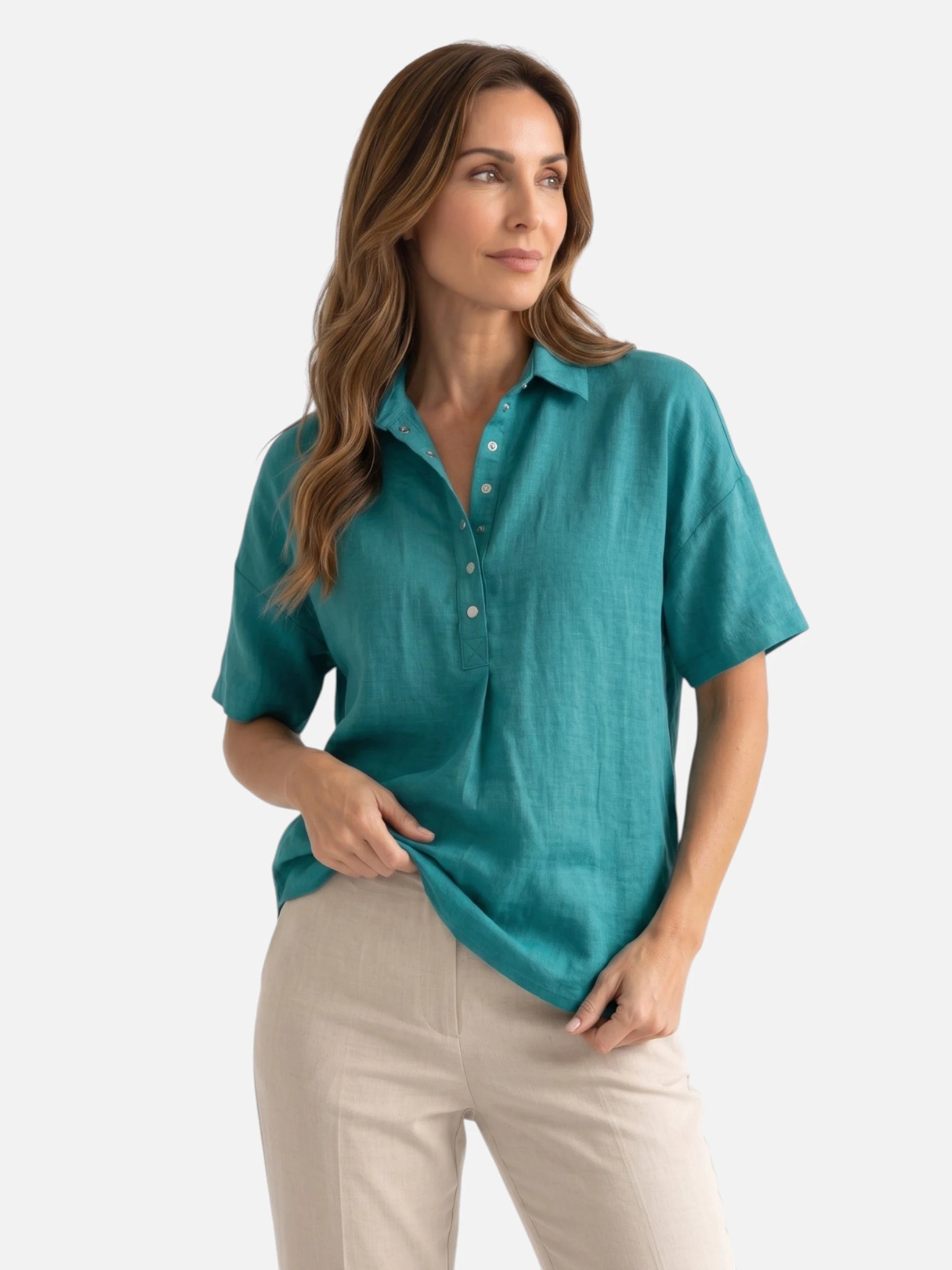 Chemise Femme en Lin Manches Courtes Col Classique Coupe Ample