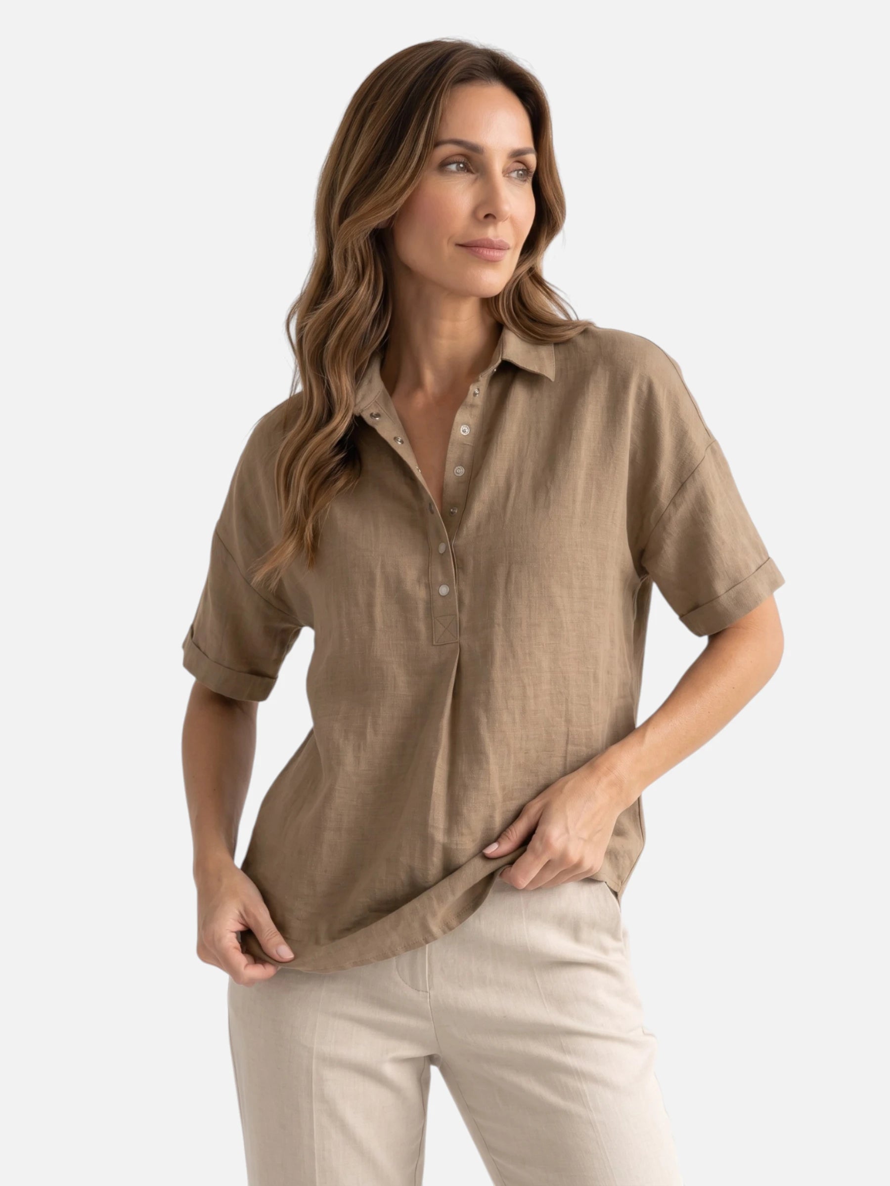 Chemise Femme en Lin Manches Courtes Col Classique Coupe Ample